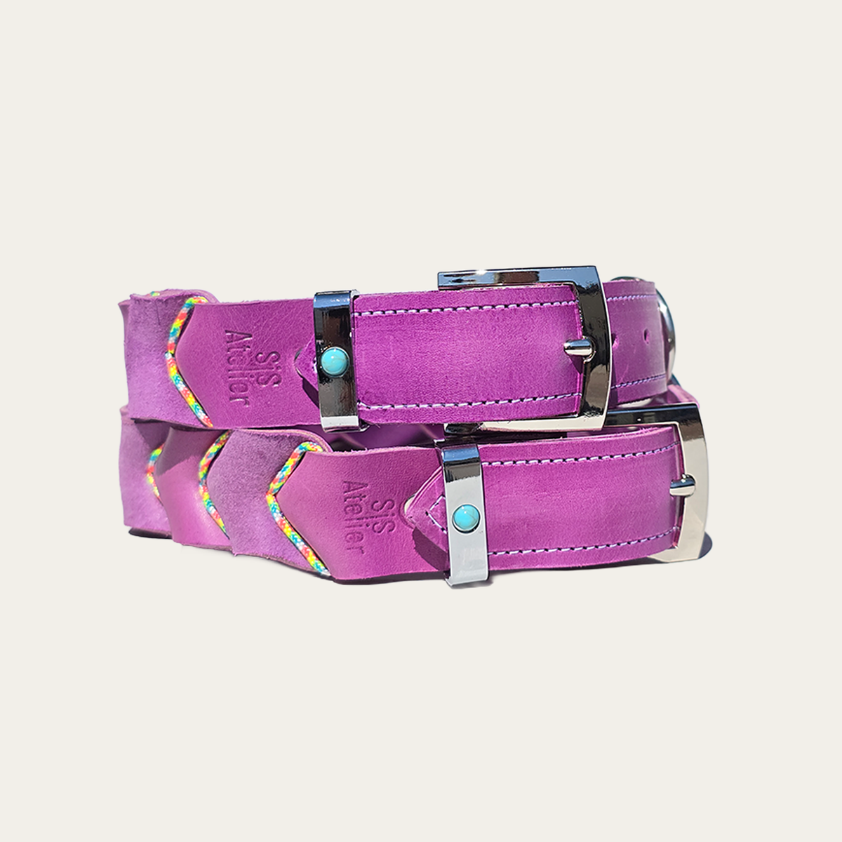 Kwispel – Paarse leren hondenhalsband met multicolor paracord