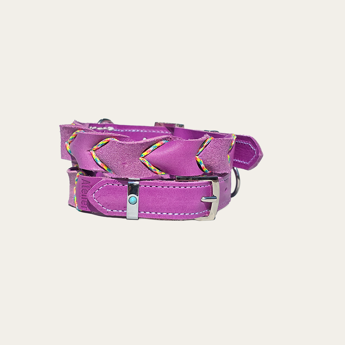 Kwispel – Paarse leren hondenhalsband met multicolor paracord