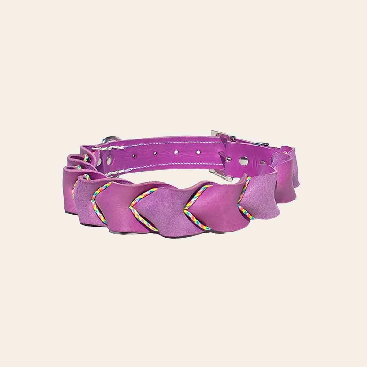 Kwispel – Paarse leren hondenhalsband met multicolor paracord