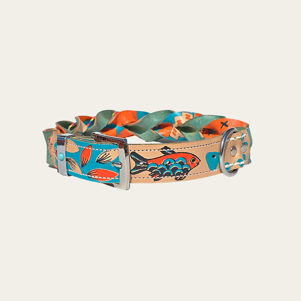 Blijf blij – Leren hondenhalsband met zeefdruk blauw