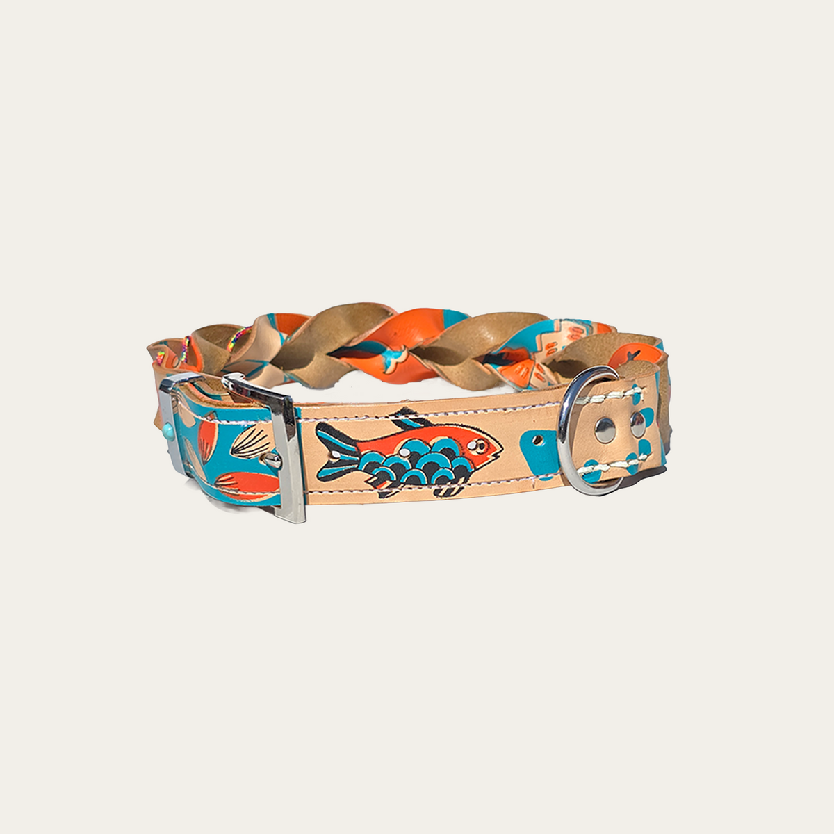 Blijf blij – Leren hondenhalsband met zeefdruk Buckskin