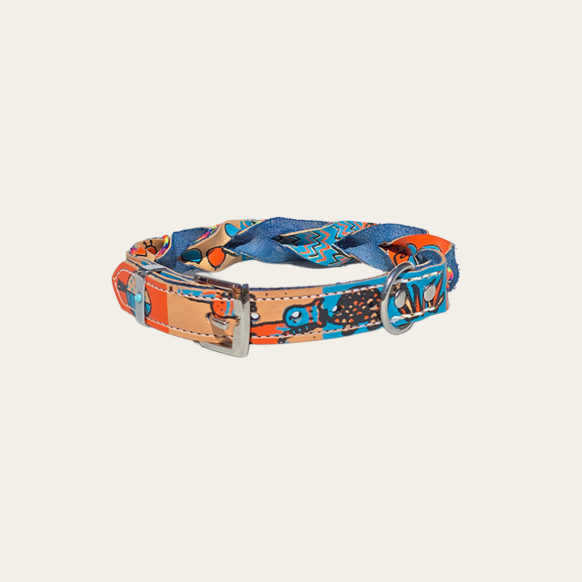 Blijf blij – Leren hondenhalsband met zeefdruk blauw