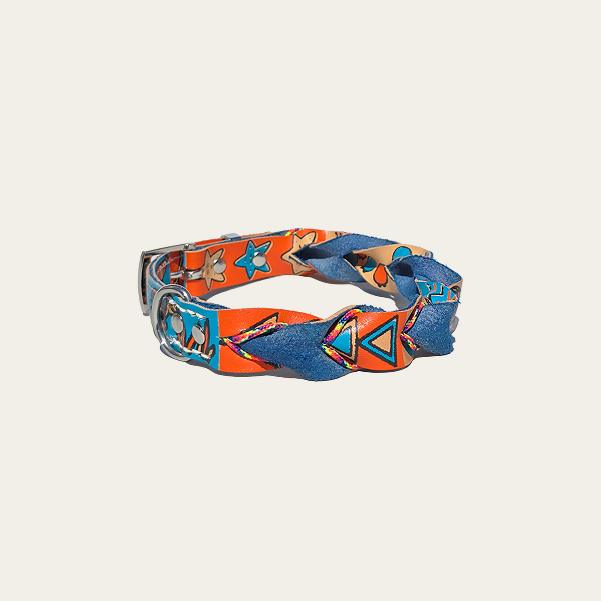 Blijf blij – Leren hondenhalsband met zeefdruk blauw