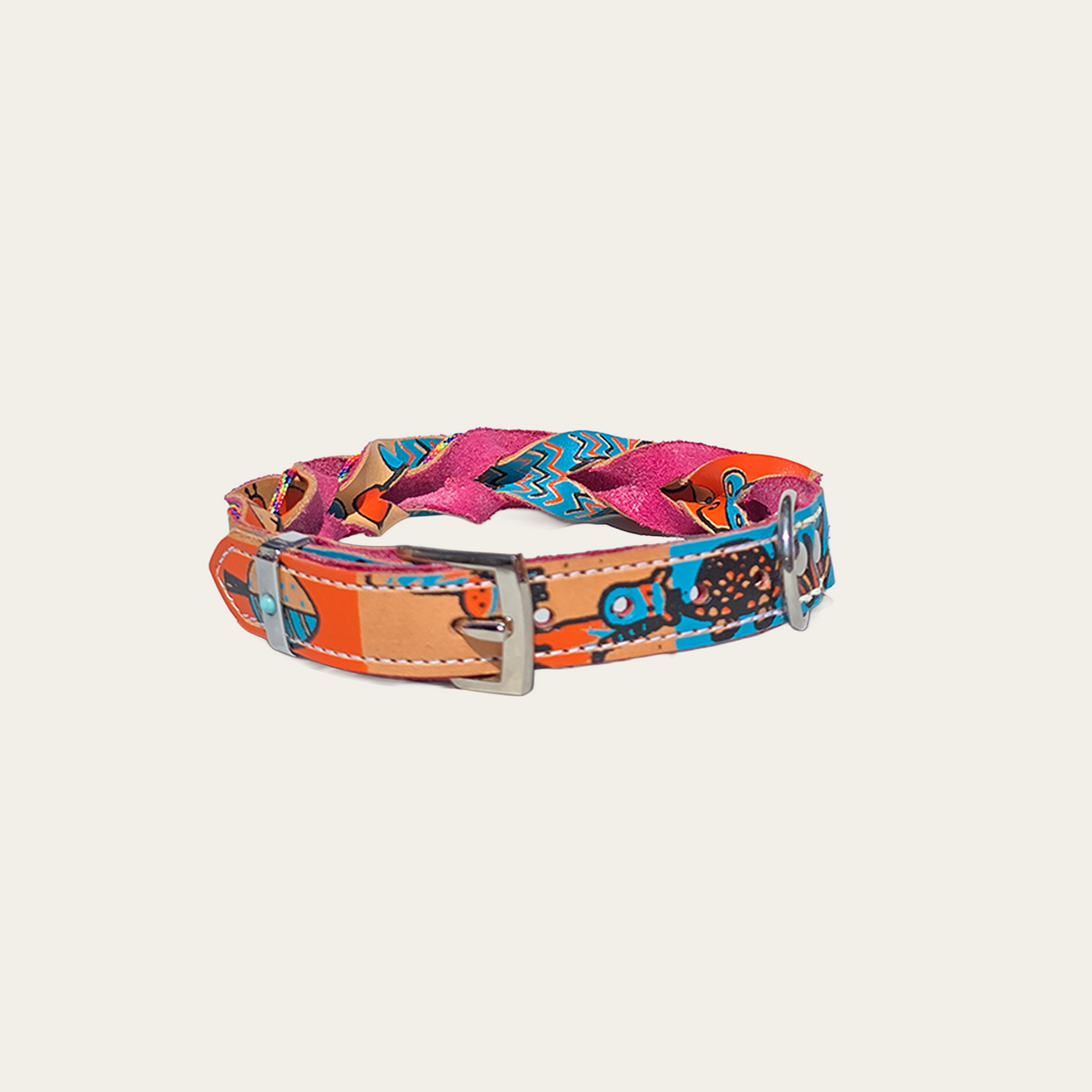 Blijf blij – Leren hondenhalsband met zeefdruk rosé