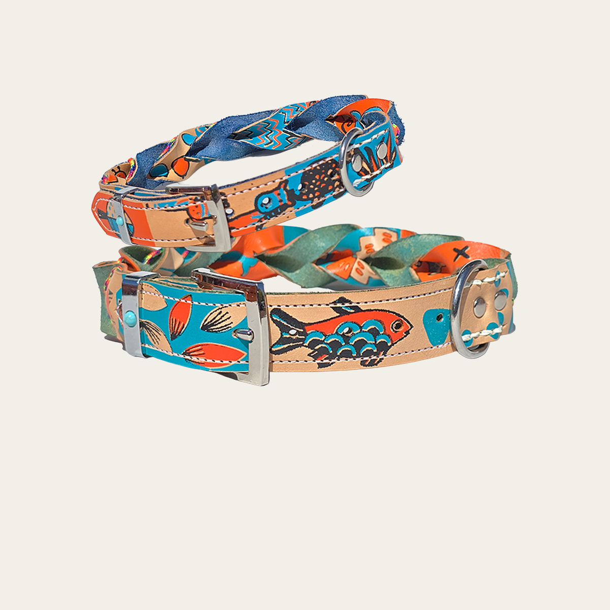 Blijf blij – Leren hondenhalsband met zeefdruk blauw