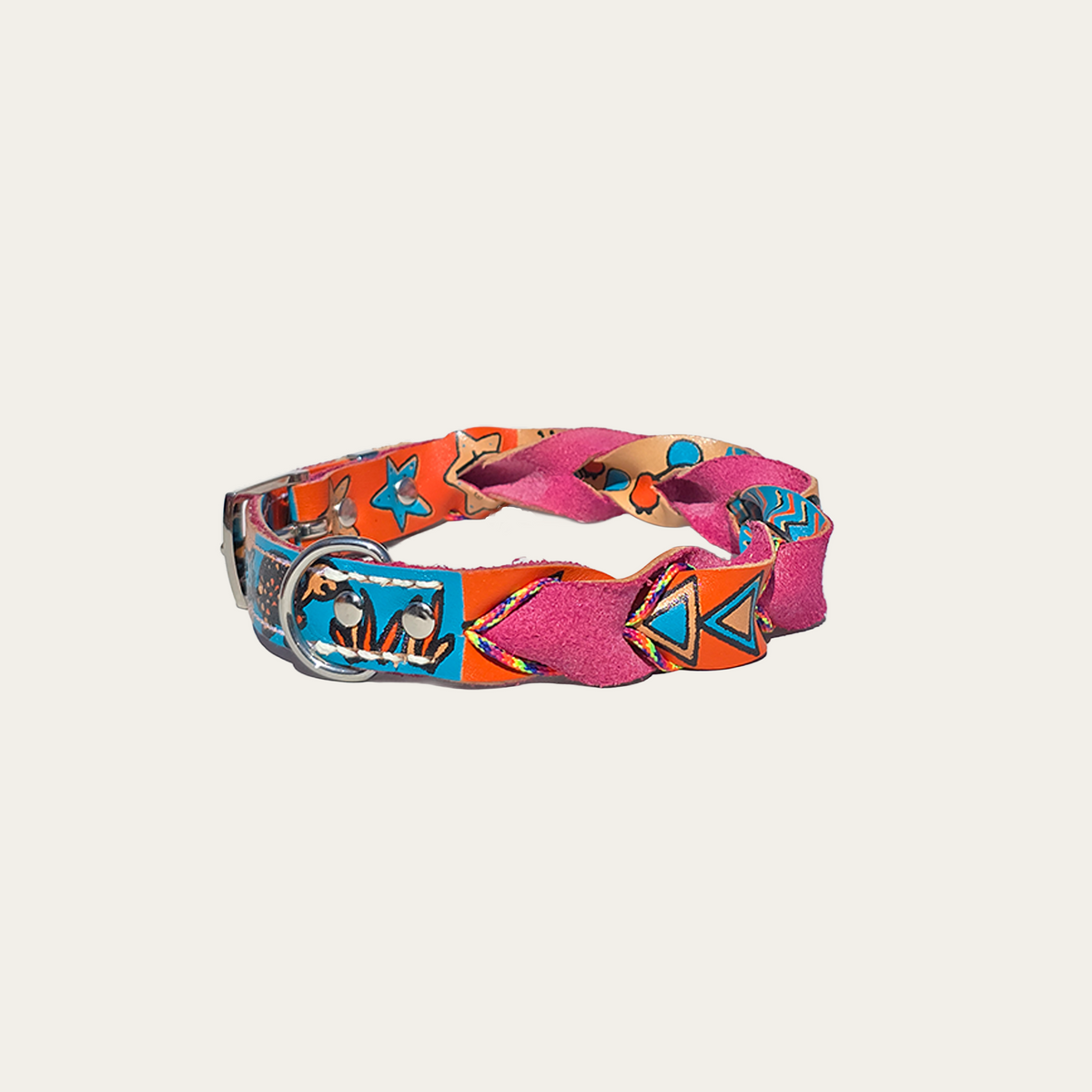 Blijf blij – Leren hondenhalsband met zeefdruk rosé